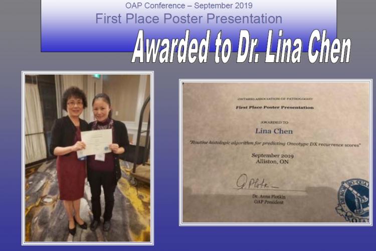 Dr. Lina Chen was awarded with First Place Poster Presentation at Ontario Association of Pathologists